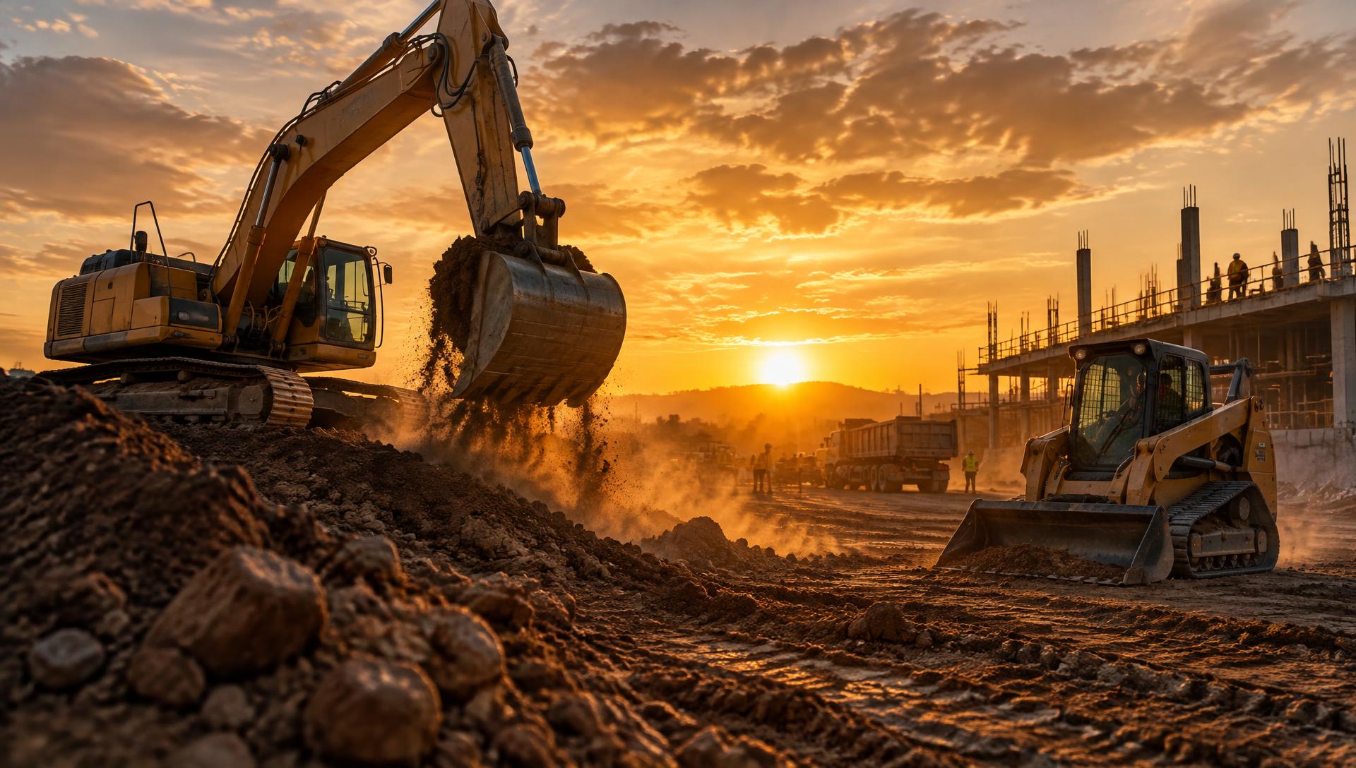 Excavator and track loader working a construction site at sunset